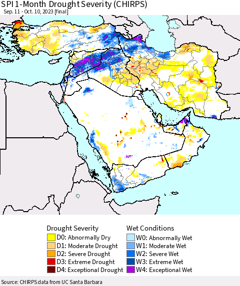Middle East and Turkey SPI 1-Month Drought Severity (CHIRPS) Thematic Map For 9/11/2023 - 10/10/2023
