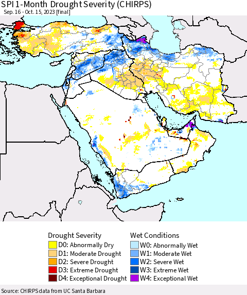 Middle East and Turkey SPI 1-Month Drought Severity (CHIRPS) Thematic Map For 9/16/2023 - 10/15/2023