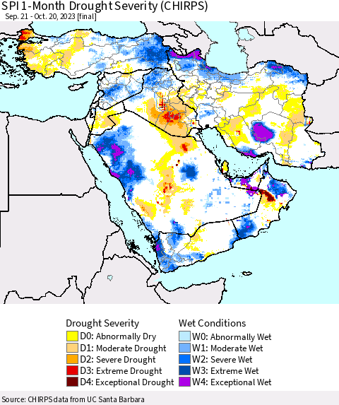 Middle East and Turkey SPI 1-Month Drought Severity (CHIRPS) Thematic Map For 9/21/2023 - 10/20/2023