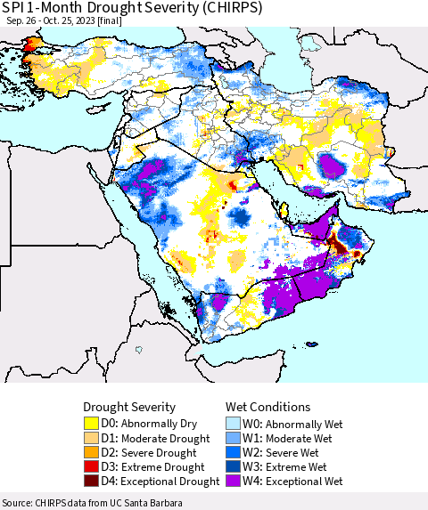 Middle East and Turkey SPI 1-Month Drought Severity (CHIRPS) Thematic Map For 9/26/2023 - 10/25/2023