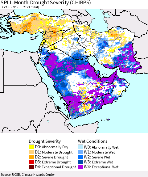 Middle East and Turkey SPI 1-Month Drought Severity (CHIRPS) Thematic Map For 10/6/2023 - 11/5/2023