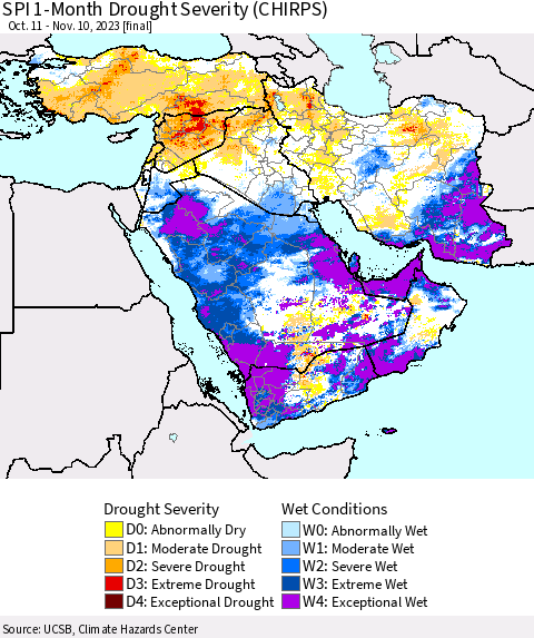 Middle East and Turkey SPI 1-Month Drought Severity (CHIRPS) Thematic Map For 10/11/2023 - 11/10/2023