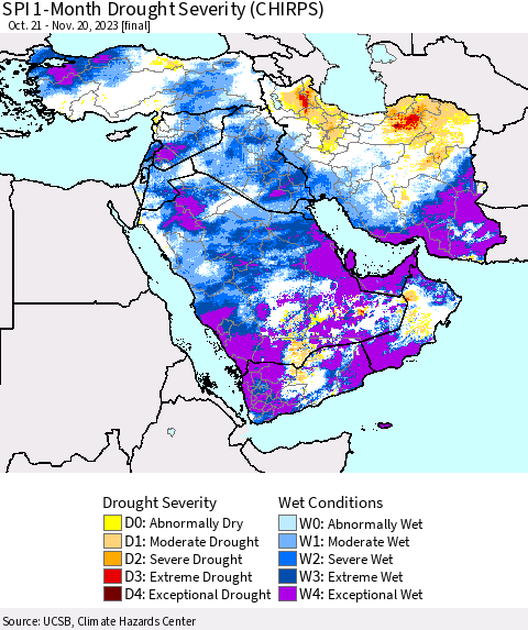 Middle East and Turkey SPI 1-Month Drought Severity (CHIRPS) Thematic Map For 10/21/2023 - 11/20/2023