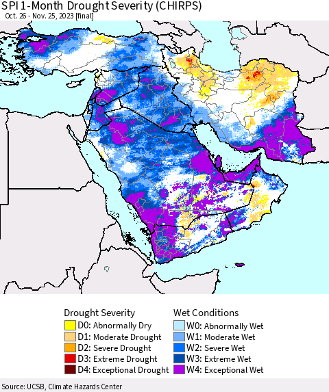 Middle East and Turkey SPI 1-Month Drought Severity (CHIRPS) Thematic Map For 10/26/2023 - 11/25/2023