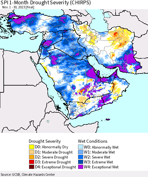 Middle East and Turkey SPI 1-Month Drought Severity (CHIRPS) Thematic Map For 11/1/2023 - 11/30/2023