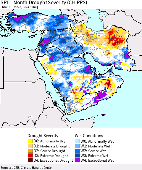 Middle East and Turkey SPI 1-Month Drought Severity (CHIRPS) Thematic Map For 11/6/2023 - 12/5/2023