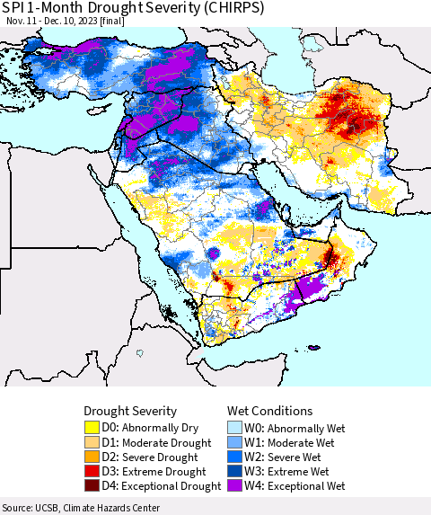 Middle East and Turkey SPI 1-Month Drought Severity (CHIRPS) Thematic Map For 11/11/2023 - 12/10/2023