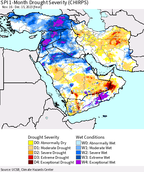 Middle East and Turkey SPI 1-Month Drought Severity (CHIRPS) Thematic Map For 11/16/2023 - 12/15/2023