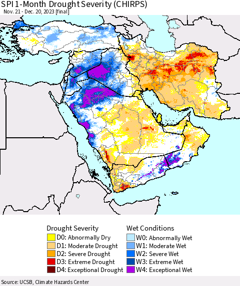 Middle East and Turkey SPI 1-Month Drought Severity (CHIRPS) Thematic Map For 11/21/2023 - 12/20/2023