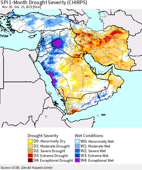 Middle East and Turkey SPI 1-Month Drought Severity (CHIRPS) Thematic Map For 11/26/2023 - 12/25/2023