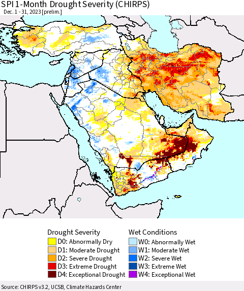 Middle East and Turkey SPI 1-Month Drought Severity (CHIRPS) Thematic Map For 12/1/2023 - 12/31/2023