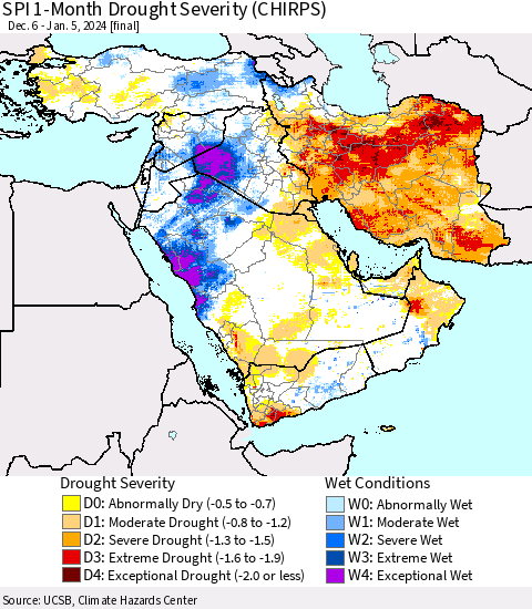 Middle East and Turkey SPI 1-Month Drought Severity (CHIRPS) Thematic Map For 12/6/2023 - 1/5/2024