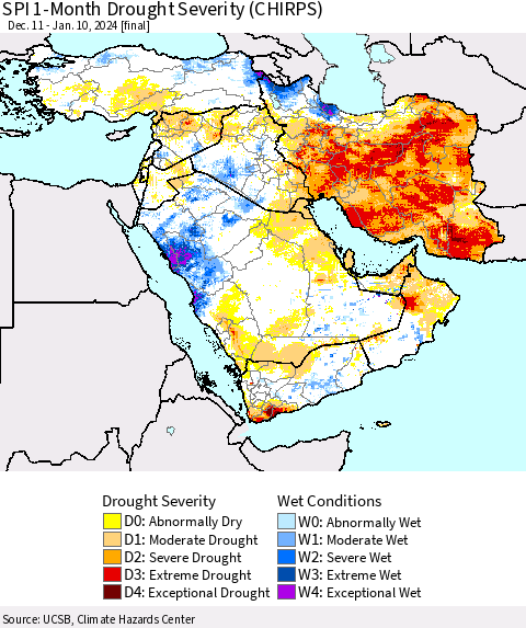 Middle East and Turkey SPI 1-Month Drought Severity (CHIRPS) Thematic Map For 12/11/2023 - 1/10/2024