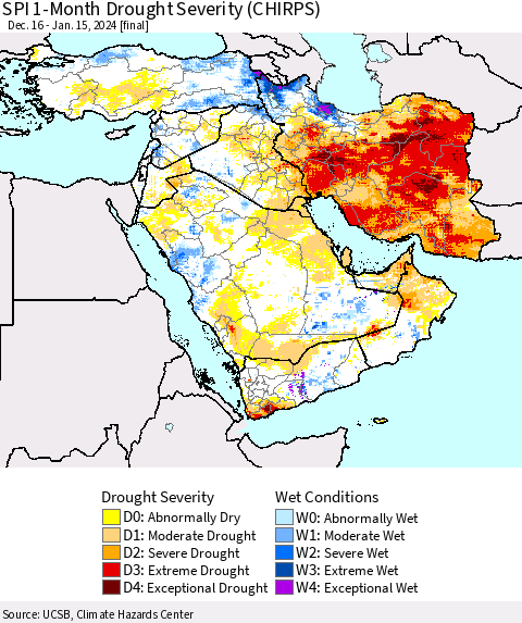 Middle East and Turkey SPI 1-Month Drought Severity (CHIRPS) Thematic Map For 12/16/2023 - 1/15/2024