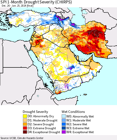 Middle East and Turkey SPI 1-Month Drought Severity (CHIRPS) Thematic Map For 12/26/2023 - 1/25/2024