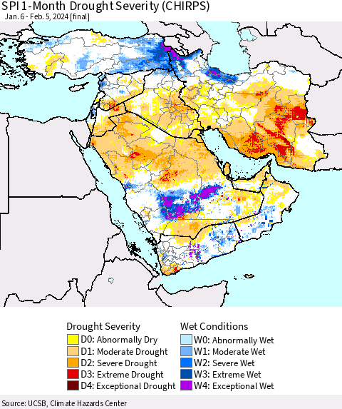 Middle East and Turkey SPI 1-Month Drought Severity (CHIRPS) Thematic Map For 1/6/2024 - 2/5/2024