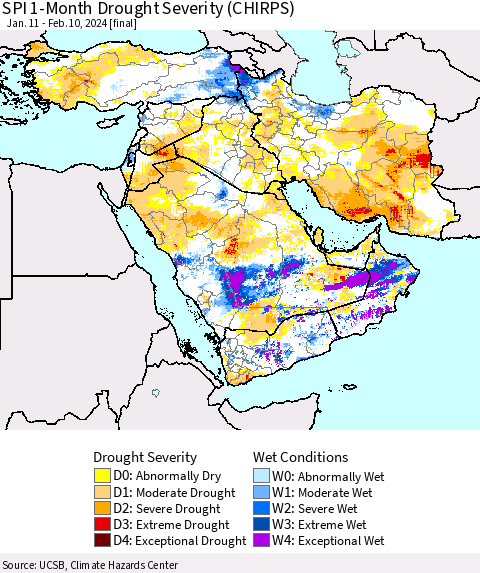 Middle East and Turkey SPI 1-Month Drought Severity (CHIRPS) Thematic Map For 1/11/2024 - 2/10/2024