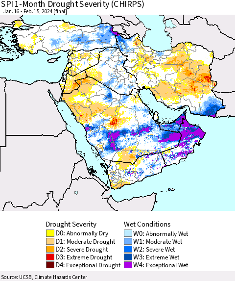 Middle East and Turkey SPI 1-Month Drought Severity (CHIRPS) Thematic Map For 1/16/2024 - 2/15/2024