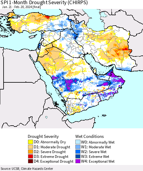 Middle East and Turkey SPI 1-Month Drought Severity (CHIRPS) Thematic Map For 1/21/2024 - 2/20/2024