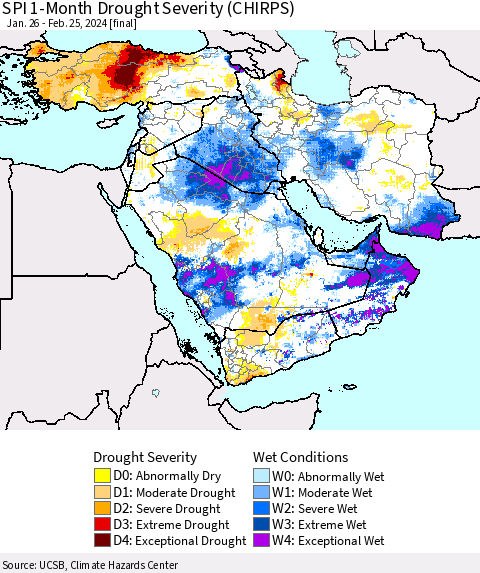 Middle East and Turkey SPI 1-Month Drought Severity (CHIRPS) Thematic Map For 1/26/2024 - 2/25/2024