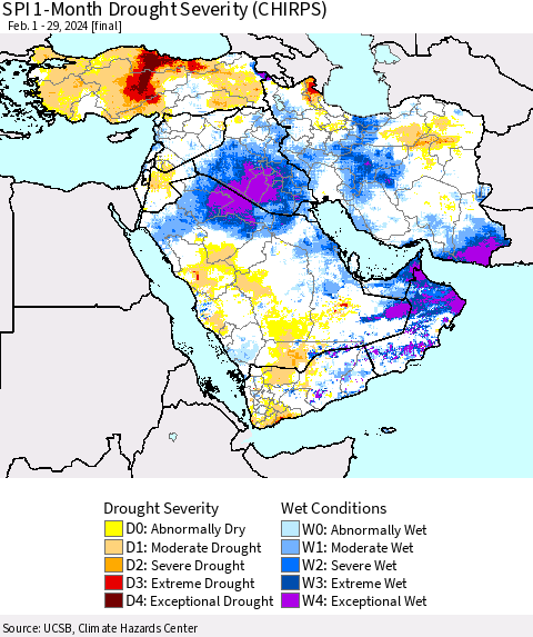 Middle East and Turkey SPI 1-Month Drought Severity (CHIRPS) Thematic Map For 2/1/2024 - 2/29/2024