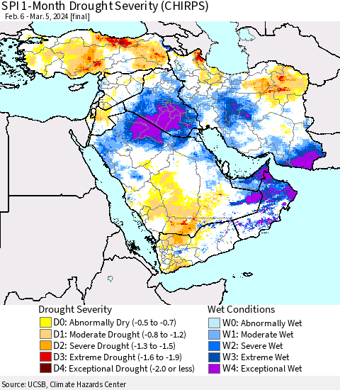 Middle East and Turkey SPI 1-Month Drought Severity (CHIRPS) Thematic Map For 2/6/2024 - 3/5/2024