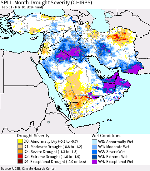Middle East and Turkey SPI 1-Month Drought Severity (CHIRPS) Thematic Map For 2/11/2024 - 3/10/2024