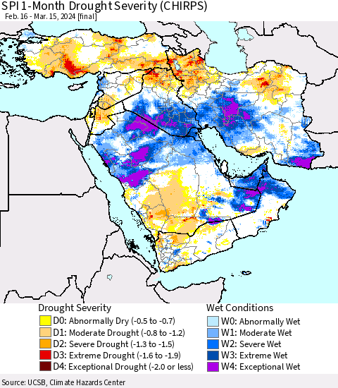 Middle East and Turkey SPI 1-Month Drought Severity (CHIRPS) Thematic Map For 2/16/2024 - 3/15/2024