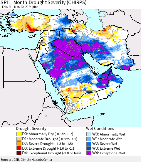 Middle East and Turkey SPI 1-Month Drought Severity (CHIRPS) Thematic Map For 2/21/2024 - 3/20/2024