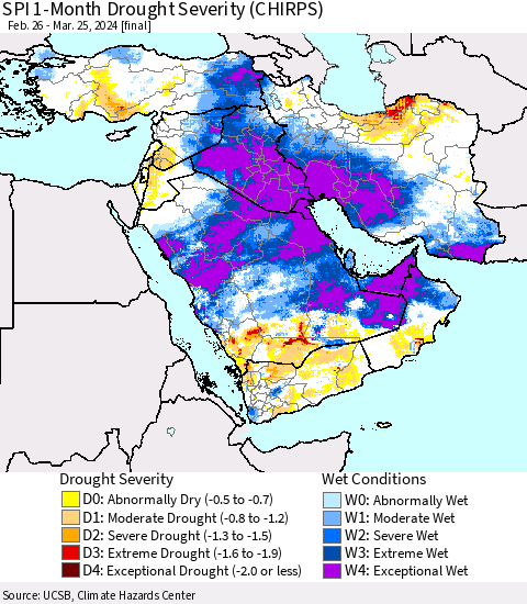 Middle East and Turkey SPI 1-Month Drought Severity (CHIRPS) Thematic Map For 2/26/2024 - 3/25/2024
