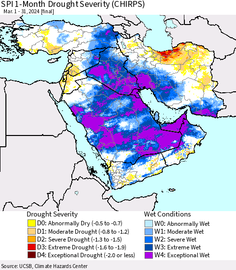 Middle East and Turkey SPI 1-Month Drought Severity (CHIRPS) Thematic Map For 3/1/2024 - 3/31/2024
