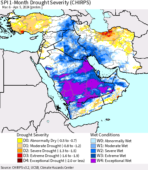 Middle East and Turkey SPI 1-Month Drought Severity (CHIRPS) Thematic Map For 3/6/2024 - 4/5/2024