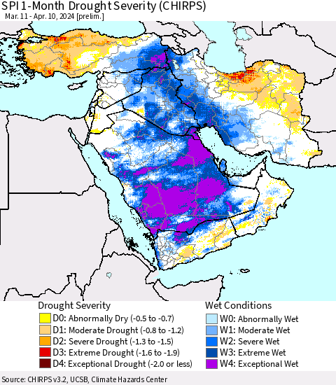 Middle East and Turkey SPI 1-Month Drought Severity (CHIRPS) Thematic Map For 3/11/2024 - 4/10/2024