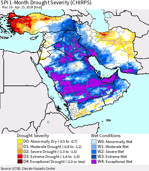 Middle East and Turkey SPI 1-Month Drought Severity (CHIRPS) Thematic Map For 3/16/2024 - 4/15/2024