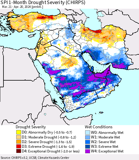 Middle East and Turkey SPI 1-Month Drought Severity (CHIRPS) Thematic Map For 3/21/2024 - 4/20/2024