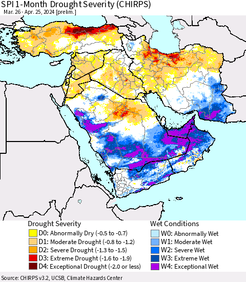 Middle East and Turkey SPI 1-Month Drought Severity (CHIRPS) Thematic Map For 3/26/2024 - 4/25/2024