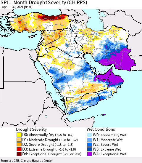 Middle East and Turkey SPI 1-Month Drought Severity (CHIRPS) Thematic Map For 4/1/2024 - 4/30/2024