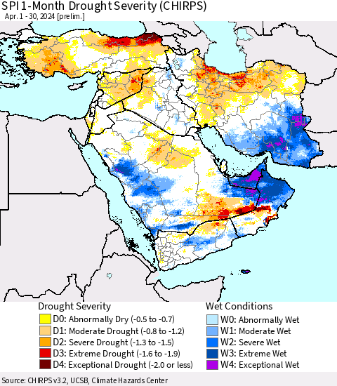 Middle East and Turkey SPI 1-Month Drought Severity (CHIRPS) Thematic Map For 4/1/2024 - 4/30/2024