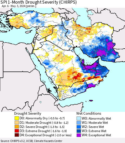 Middle East and Turkey SPI 1-Month Drought Severity (CHIRPS) Thematic Map For 4/6/2024 - 5/5/2024