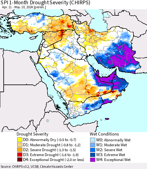 Middle East and Turkey SPI 1-Month Drought Severity (CHIRPS) Thematic Map For 4/11/2024 - 5/10/2024