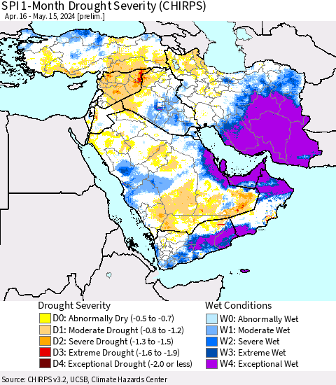 Middle East and Turkey SPI 1-Month Drought Severity (CHIRPS) Thematic Map For 4/16/2024 - 5/15/2024