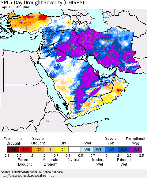 Middle East and Turkey SPI 5-Day Drought Severity (CHIRPS) Thematic Map For 4/1/2019 - 4/5/2019
