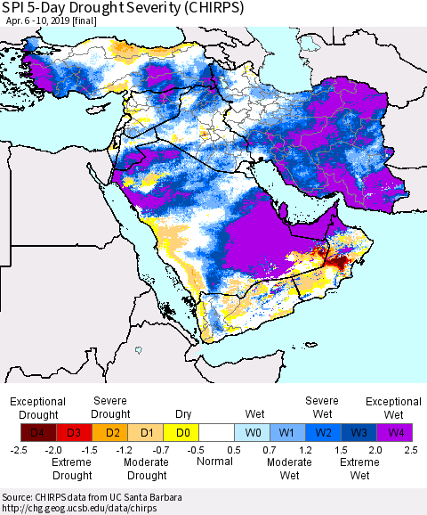 Middle East and Turkey SPI 5-Day Drought Severity (CHIRPS) Thematic Map For 4/6/2019 - 4/10/2019