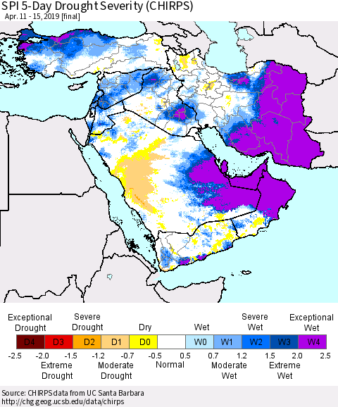 Middle East and Turkey SPI 5-Day Drought Severity (CHIRPS) Thematic Map For 4/11/2019 - 4/15/2019