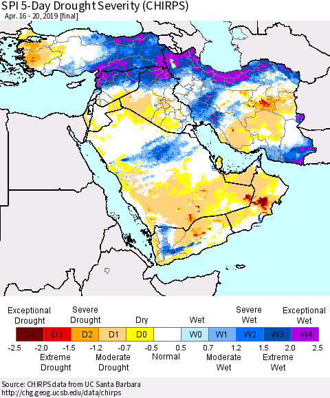 Middle East and Turkey SPI 5-Day Drought Severity (CHIRPS) Thematic Map For 4/16/2019 - 4/20/2019
