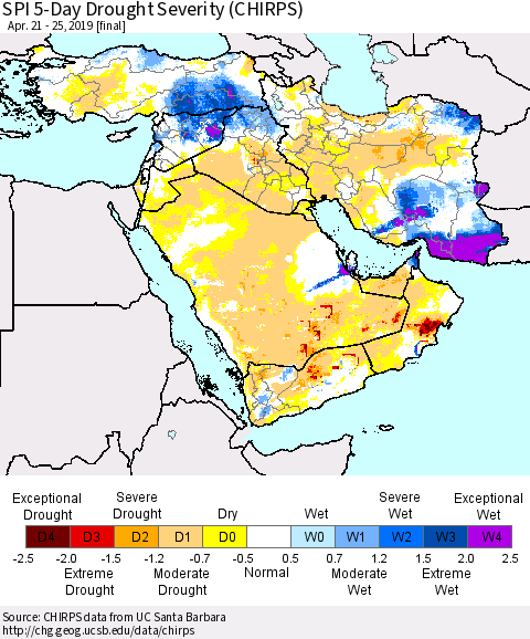 Middle East and Turkey SPI 5-Day Drought Severity (CHIRPS) Thematic Map For 4/21/2019 - 4/25/2019