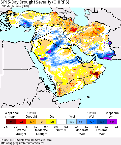 Middle East and Turkey SPI 5-Day Drought Severity (CHIRPS) Thematic Map For 4/26/2019 - 4/30/2019
