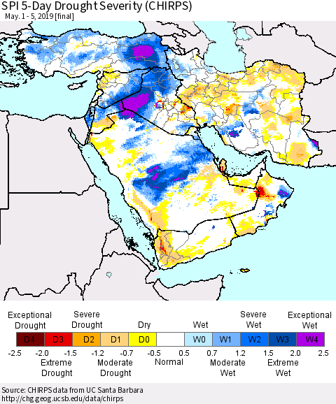 Middle East and Turkey SPI 5-Day Drought Severity (CHIRPS) Thematic Map For 5/1/2019 - 5/5/2019