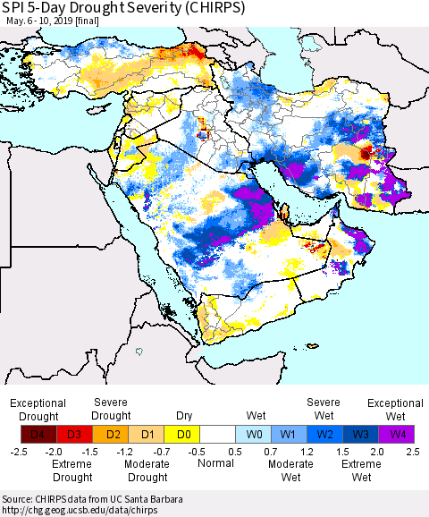 Middle East and Turkey SPI 5-Day Drought Severity (CHIRPS) Thematic Map For 5/6/2019 - 5/10/2019