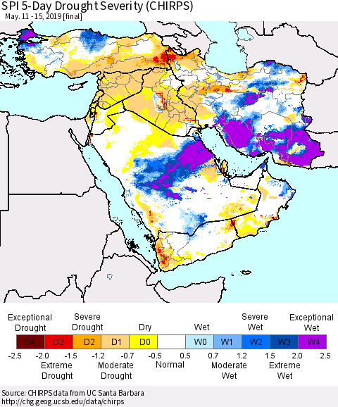 Middle East and Turkey SPI 5-Day Drought Severity (CHIRPS) Thematic Map For 5/11/2019 - 5/15/2019